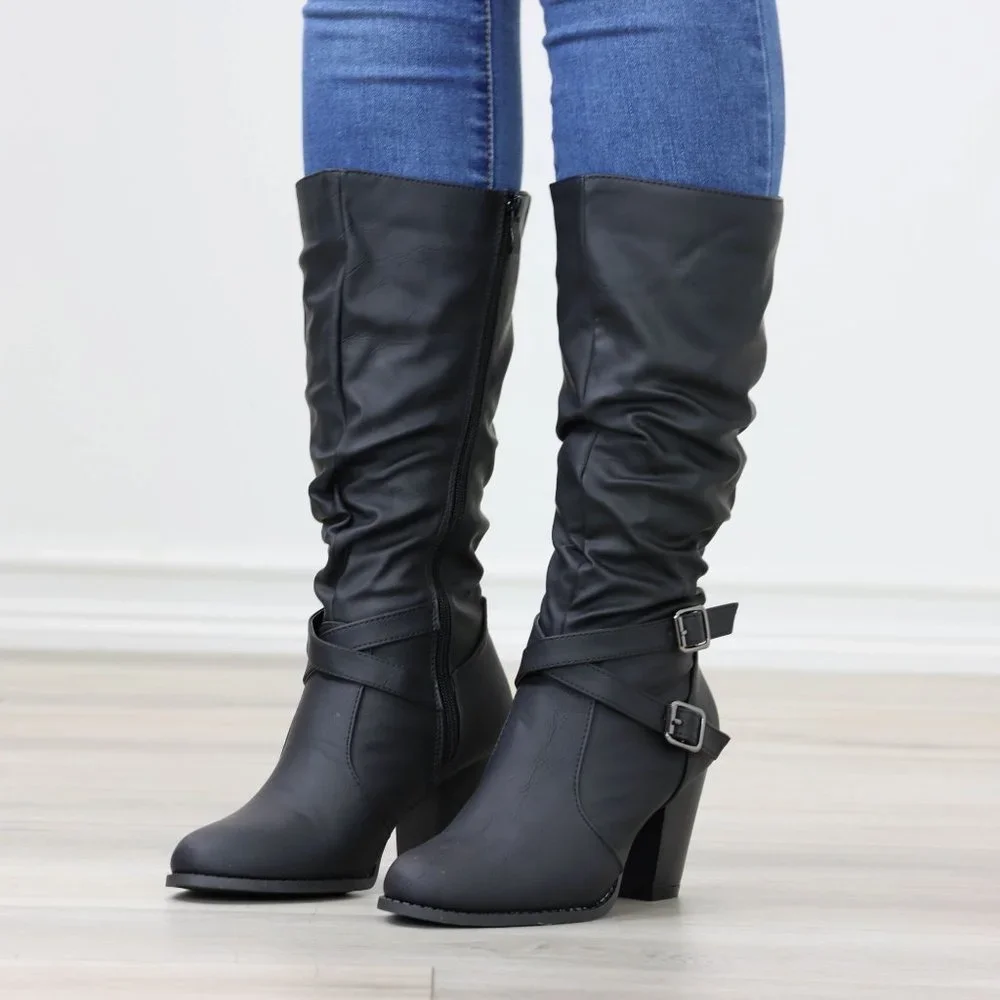 Black Mid Calf Block Heeled Boots Synthetic Leather Pointed Toe Womens - Picture 11 of 15